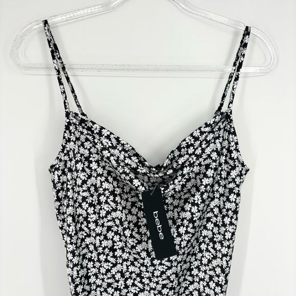 Bebe Floral Daisy Printed Satin Cowl Neck‎ Midi Dress Black White Medium Dainty - Picture 4 of 13